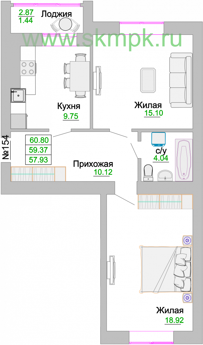 Квартира №154, 2-комнатная, 59.8 м², 1 этаж - планировка, ЖК «Венецианский квартал» Дом 3