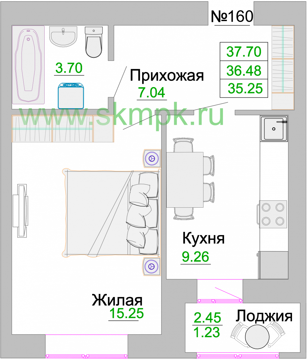 Квартира №160, 1-комнатная, 36.7 м², 2 этаж - планировка, ЖК «Венецианский квартал» Дом 3