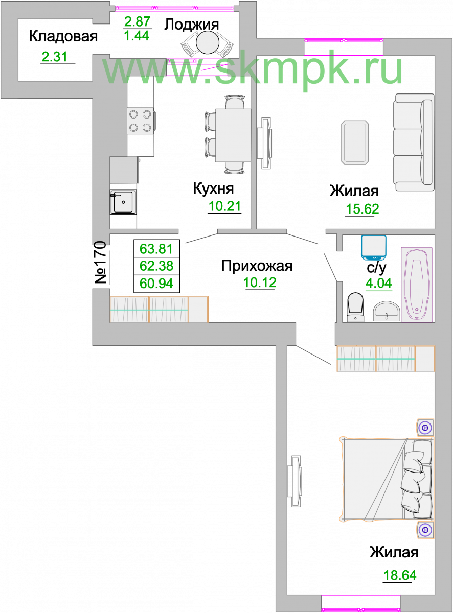 Квартира №170, 2-комнатная, 63 м², 5 этаж - планировка, ЖК «Венецианский квартал» Дом 3