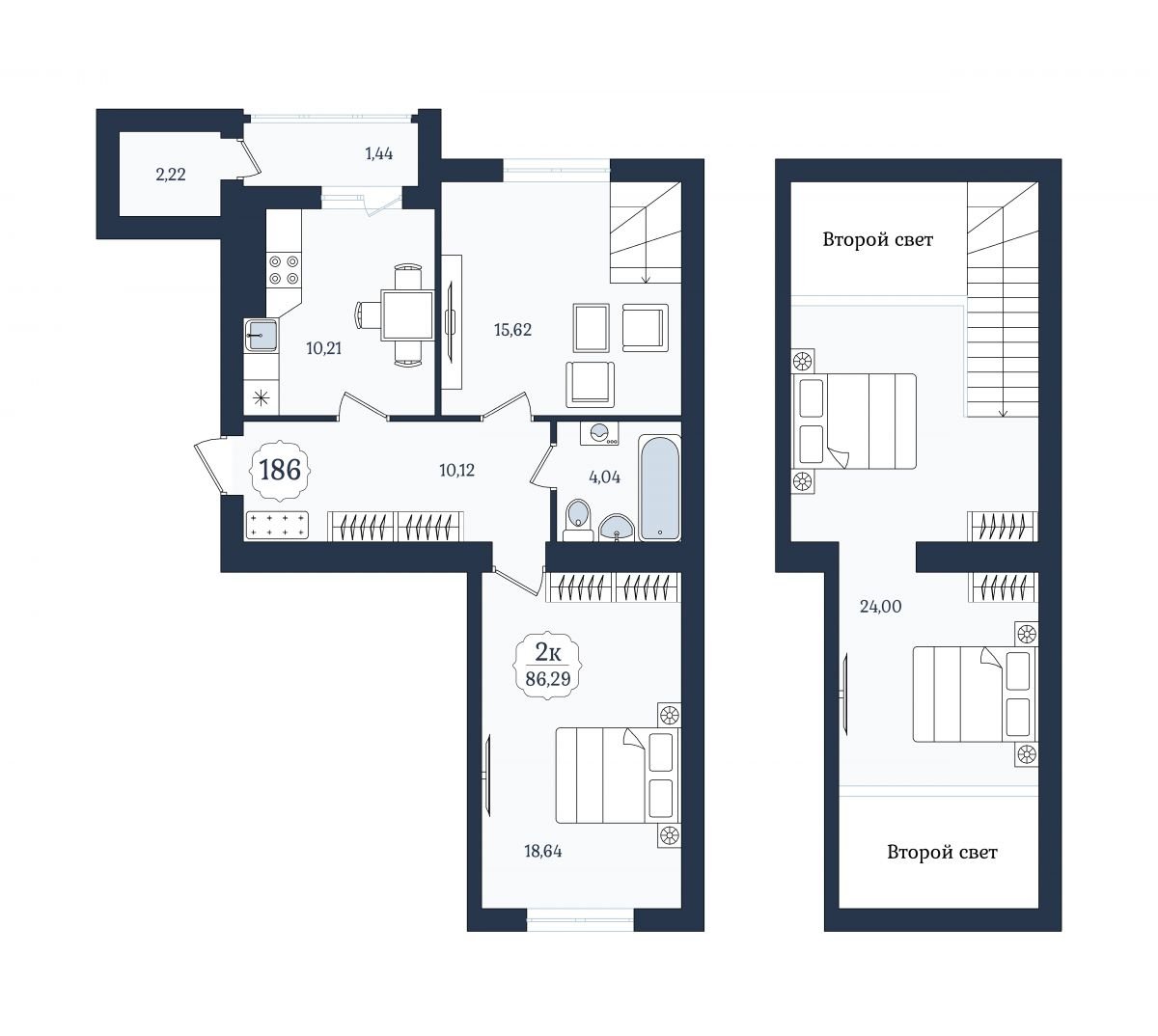 Квартира №186, 2-комнатная, 86.2 м², 9 этаж - планировка, ЖК «Венецианский квартал» Дом 3