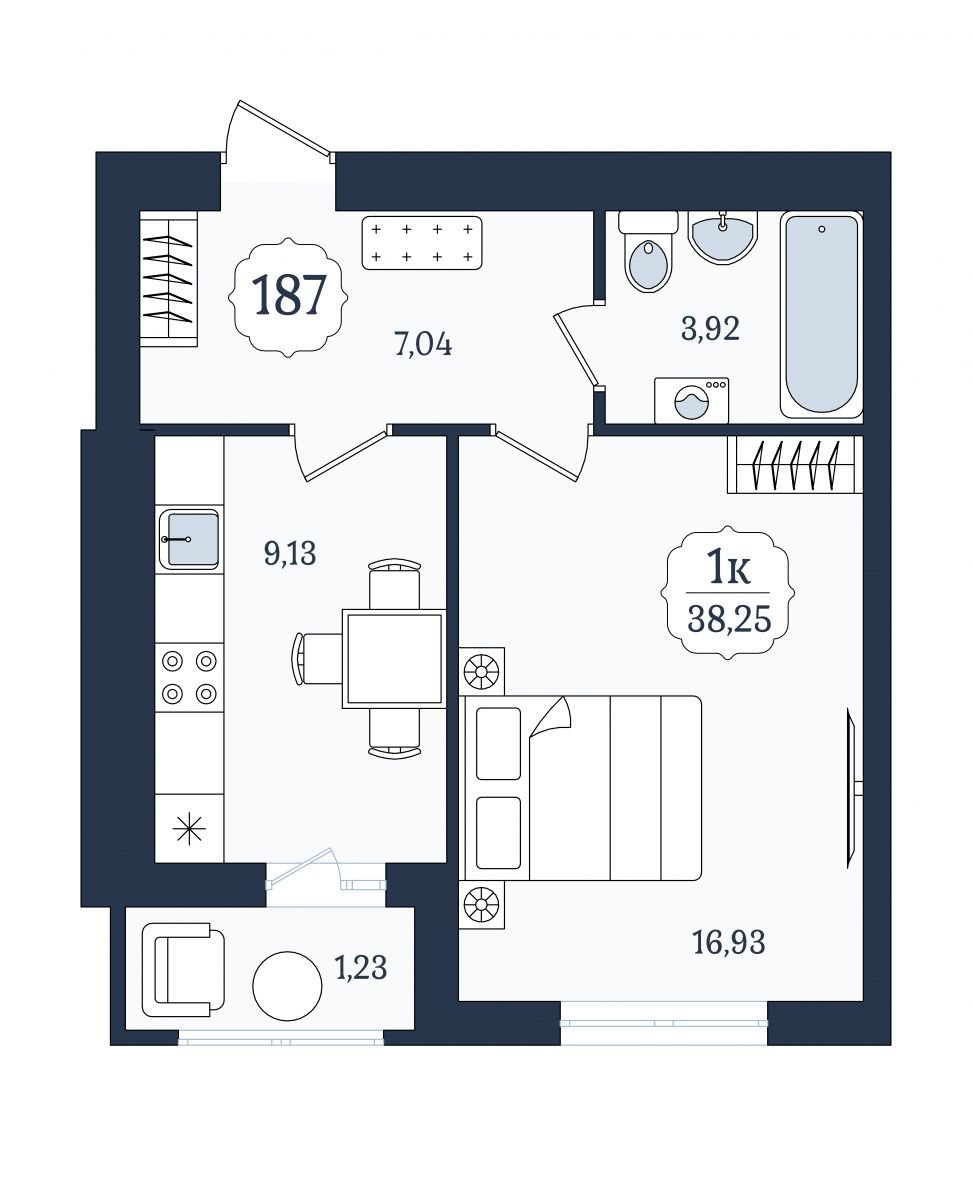 Квартира №187, 1-комнатная, 38.9 м², 9 этаж - планировка, ЖК «Венецианский квартал» Дом 3