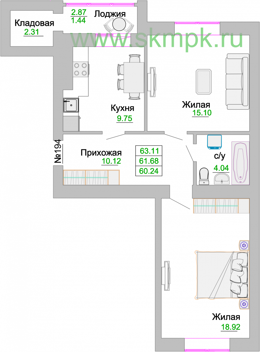 Квартира №194, 2-комнатная, 62.4 м², 2 этаж - планировка, ЖК «Венецианский квартал» Дом 3