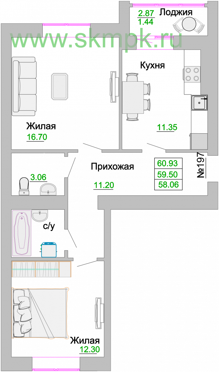 Квартира №197, 2-комнатная, 60.1 м², 2 этаж - планировка, ЖК «Венецианский квартал» Дом 3