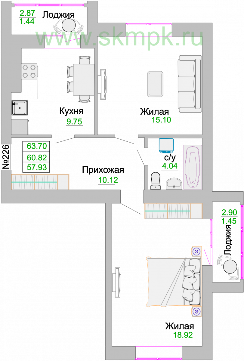 Квартира №226, 2-комнатная, 61.6 м², 1 этаж - планировка, ЖК «Венецианский квартал» Дом 3
