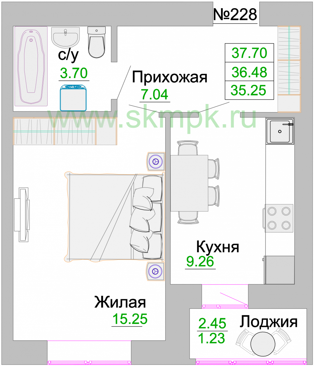 Квартира №228, 1-комнатная, 36.8 м², 1 этаж - планировка, ЖК «Венецианский квартал» Дом 3