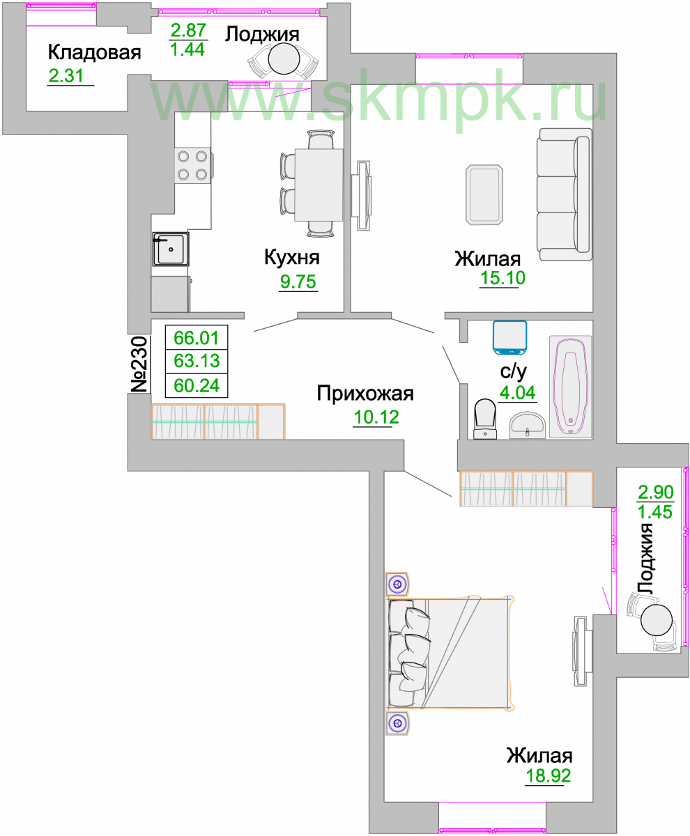 Квартира №230, 2-комнатная, 64.1 м², 2 этаж - планировка, ЖК «Венецианский квартал» Дом 3