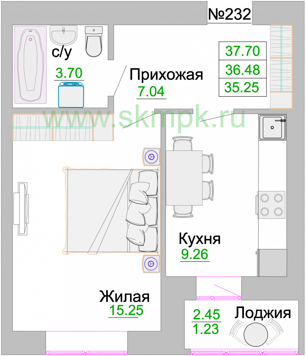 Квартира №232, 1-комнатная, 36.9 м², 2 этаж - планировка, ЖК «Венецианский квартал» Дом 3