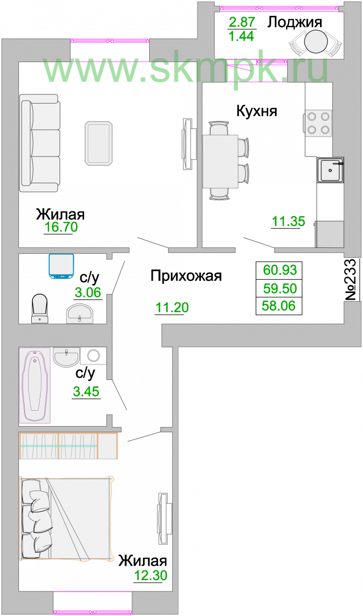Квартира №233, 2-комнатная, 60.2 м², 2 этаж - планировка, ЖК «Венецианский квартал» Дом 3