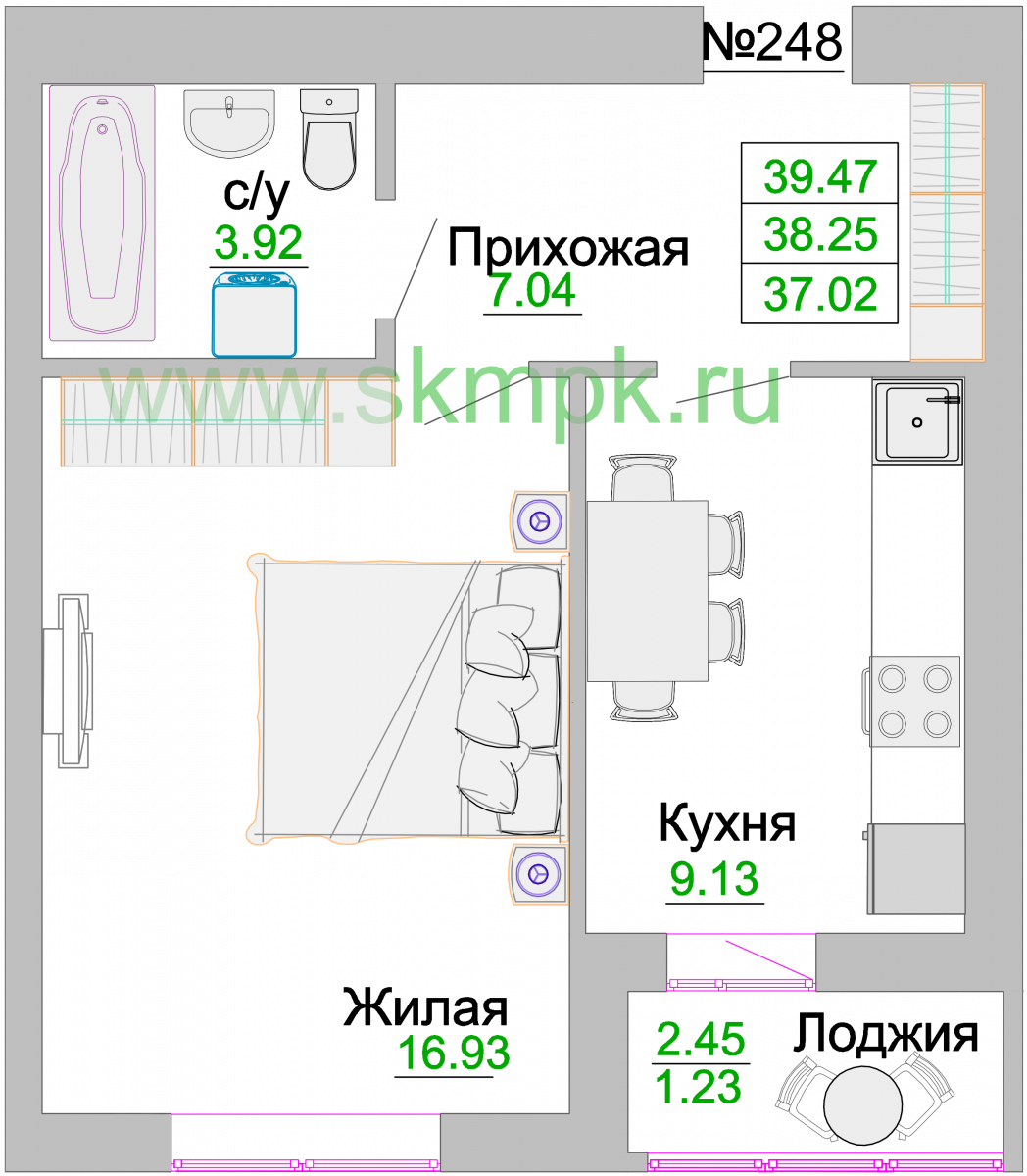 Квартира №248, 1-комнатная, 38.7 м², 6 этаж - планировка, ЖК «Венецианский квартал» Дом 3