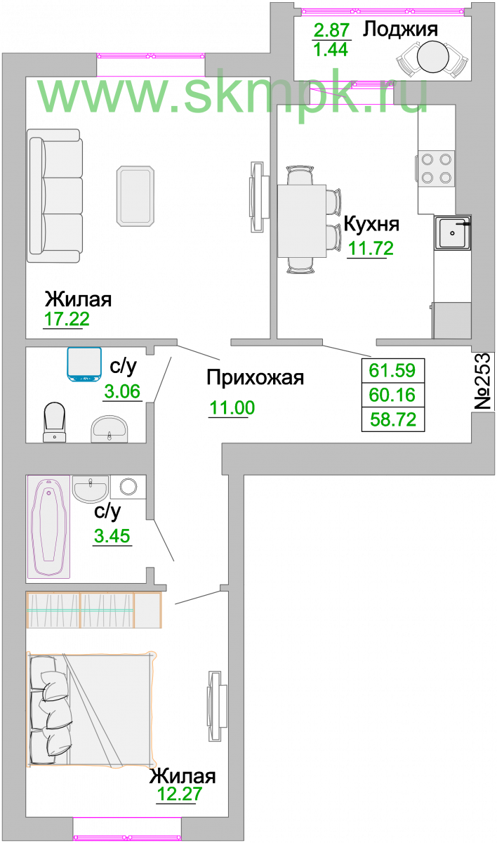 Квартира №253, 2-комнатная, 60.7 м², 7 этаж - планировка, ЖК «Венецианский квартал» Дом 3