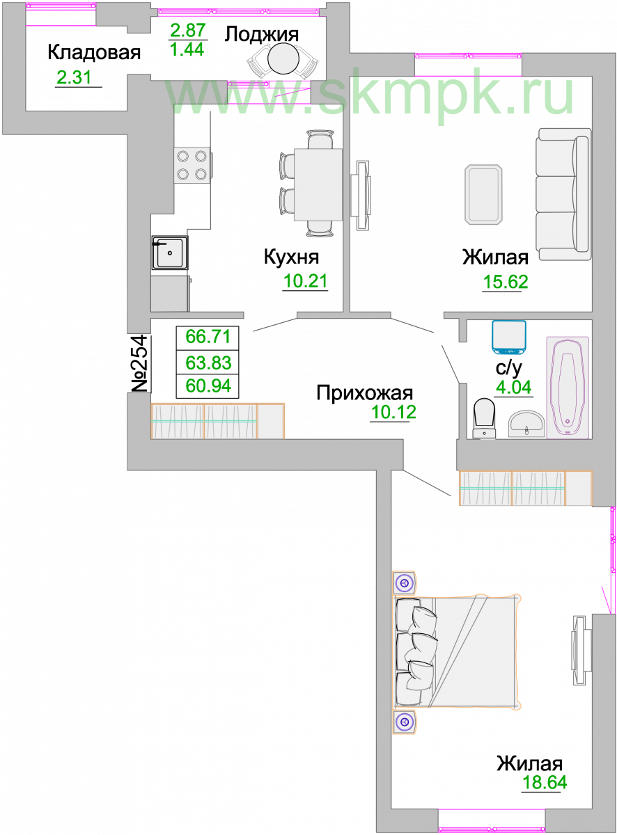 Квартира №254, 2-комнатная, 64.5 м², 8 этаж - планировка, ЖК «Венецианский квартал» Дом 3