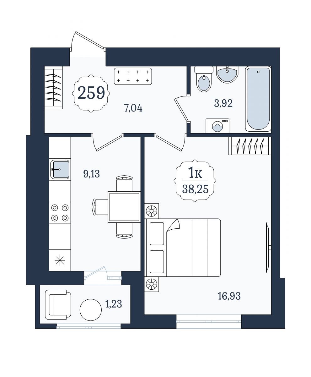 Квартира №259, 1-комнатная, 38.7 м², 9 этаж - планировка, ЖК «Венецианский квартал» Дом 3