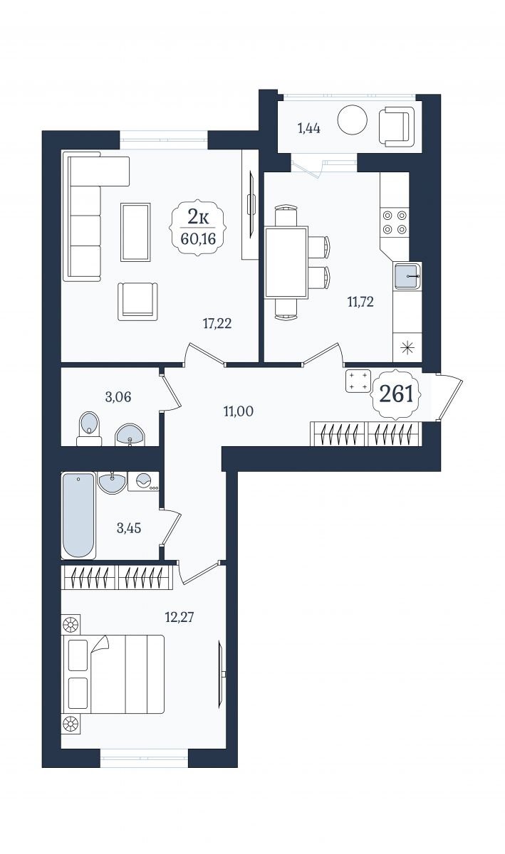 Квартира №261, 2-комнатная, 60.9 м², 9 этаж - планировка, ЖК «Венецианский квартал» Дом 3