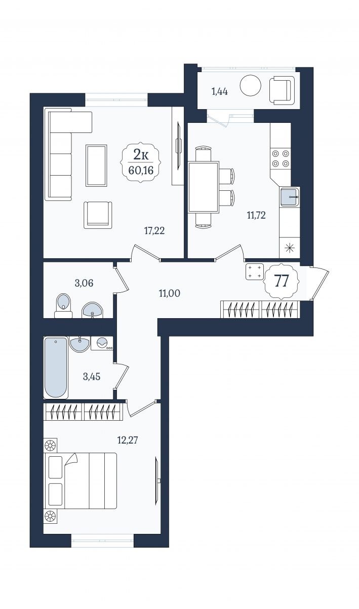 Квартира №77, 2-комнатная, 60.16 м², 8 этаж - планировка, ЖК «Венецианский квартал», дом 5