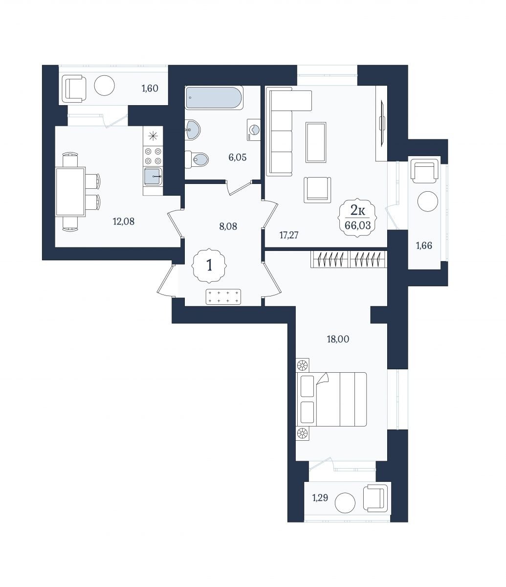 Квартира №1, 2-комнатная, 66.03 м², 2 этаж - планировка, ЖК «Венецианский квартал», дом 4