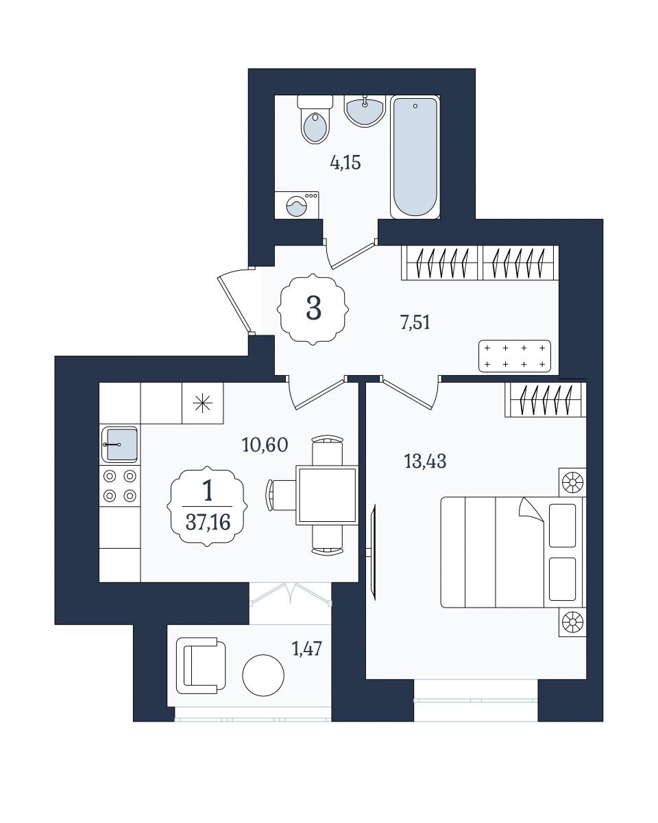 Квартира №3, 1-комнатная, 37.16 м², 2 этаж - планировка, ЖК «Венецианский квартал», дом 4