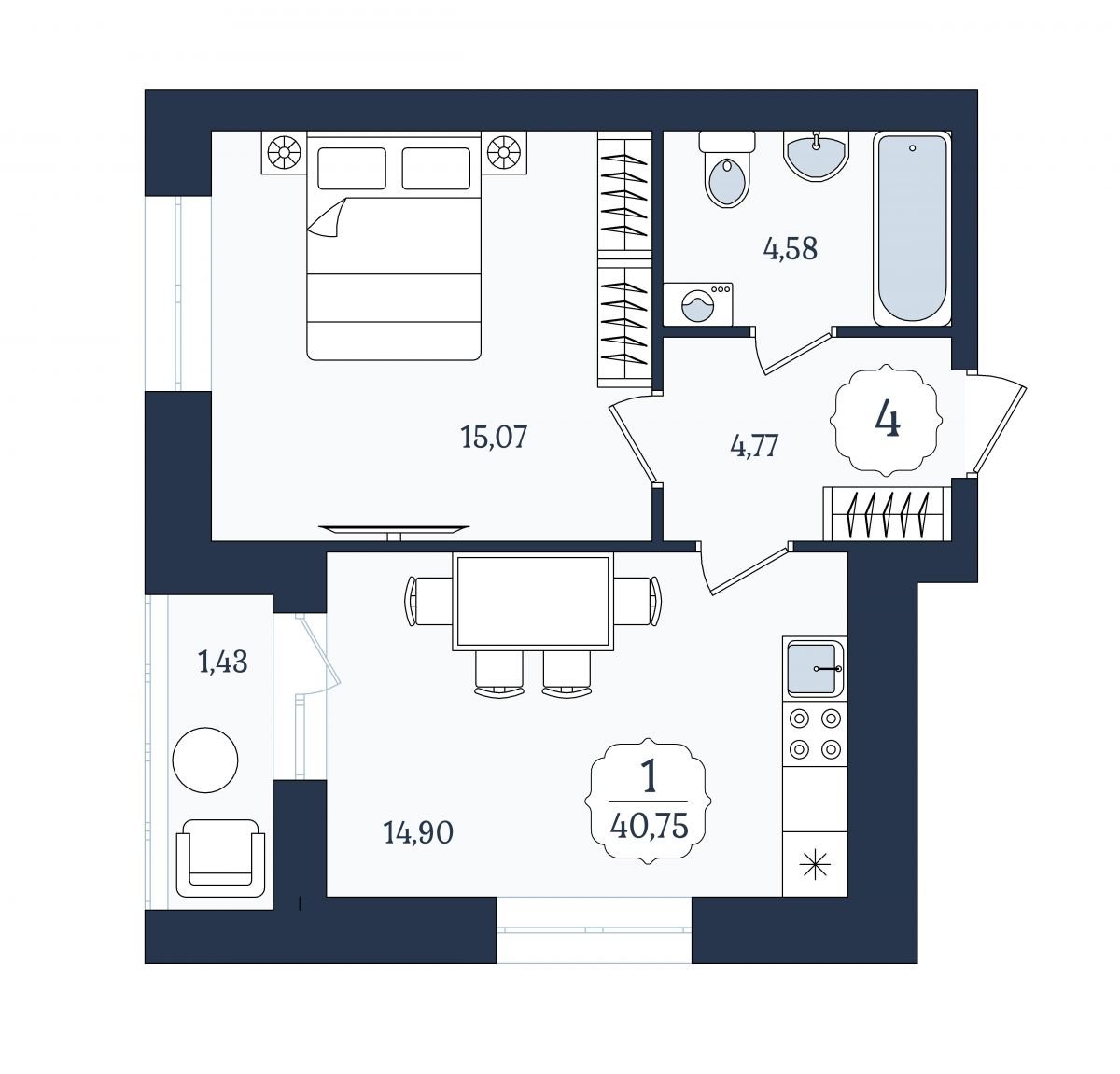Квартира №4, 1-комнатная, 40.75 м², 2 этаж - планировка, ЖК «Венецианский квартал», дом 4