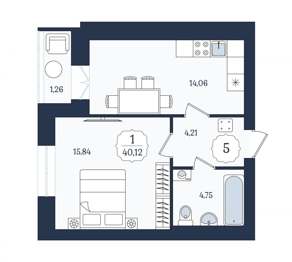 Квартира №5, 1-комнатная, 40.12 м², 2 этаж - планировка, ЖК «Венецианский квартал», дом 4