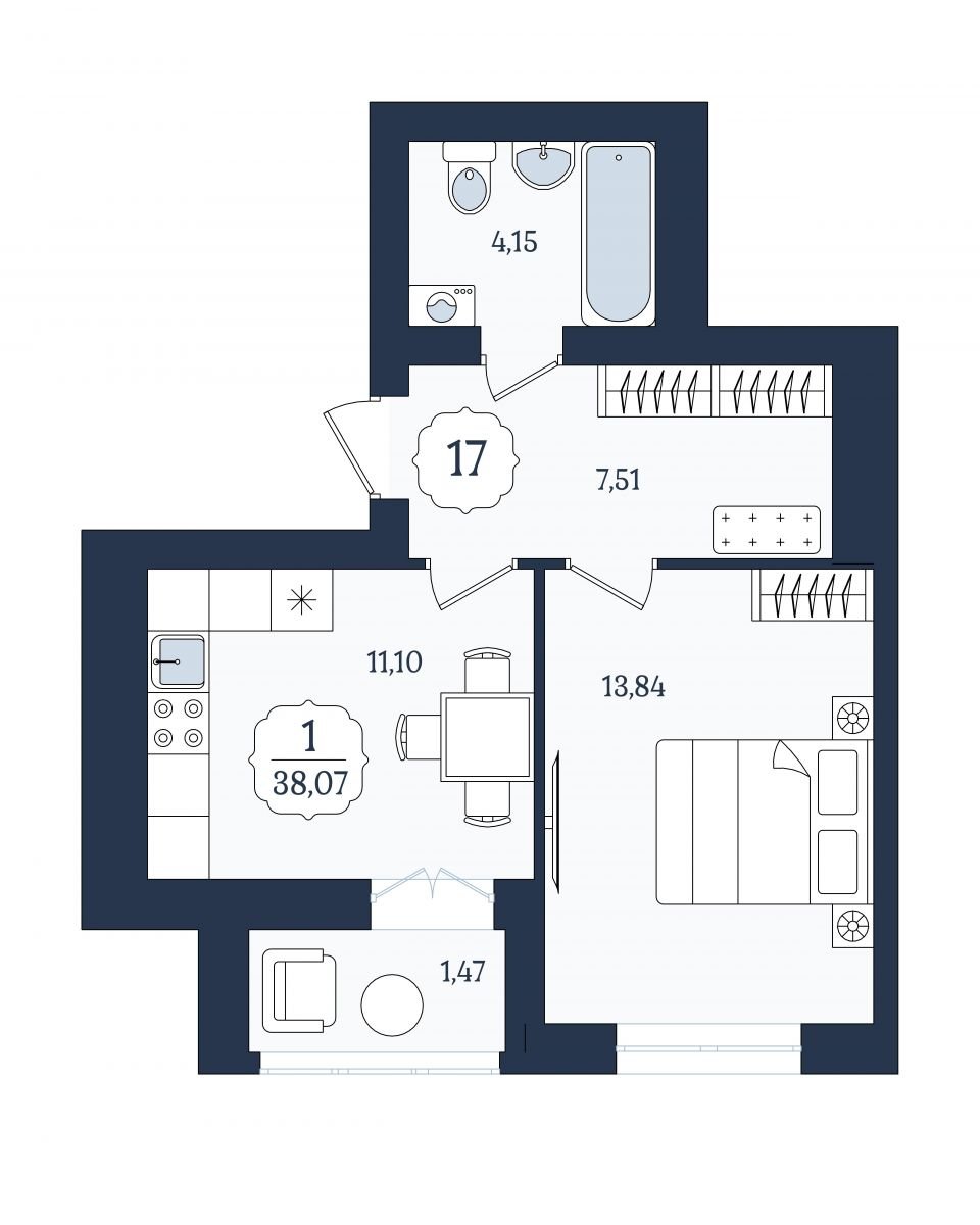 Квартира №17, 1-комнатная, 38.07 м², 4 этаж - планировка, ЖК «Венецианский квартал», дом 4