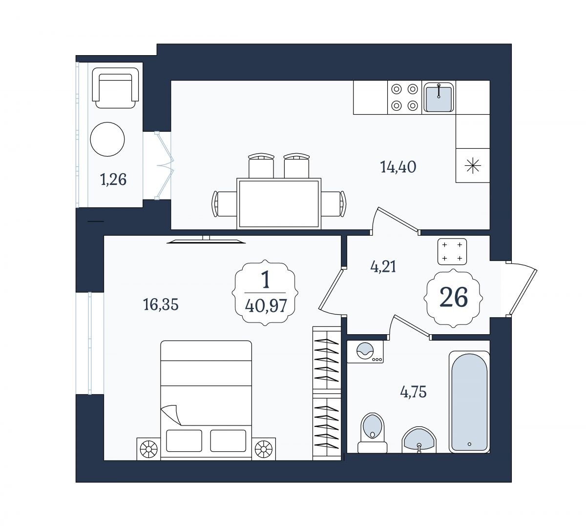 Квартира №26, 1-комнатная, 40.97 м², 5 этаж - планировка, ЖК «Венецианский квартал», дом 4
