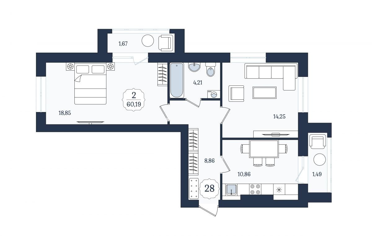 Квартира №28, 2-комнатная, 60.19 м², 5 этаж - планировка, ЖК «Венецианский квартал», дом 4