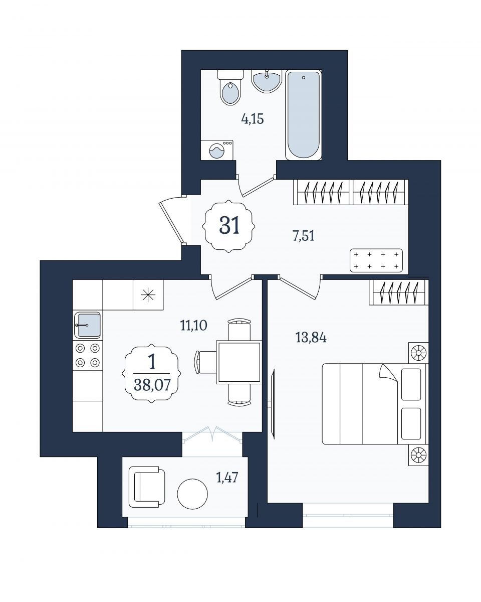 Квартира №31, 1-комнатная, 38.07 м², 6 этаж - планировка, ЖК «Венецианский квартал», дом 4