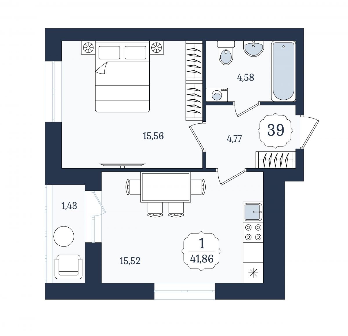Квартира №39, 1-комнатная, 41.86 м², 7 этаж - планировка, ЖК «Венецианский квартал», дом 4