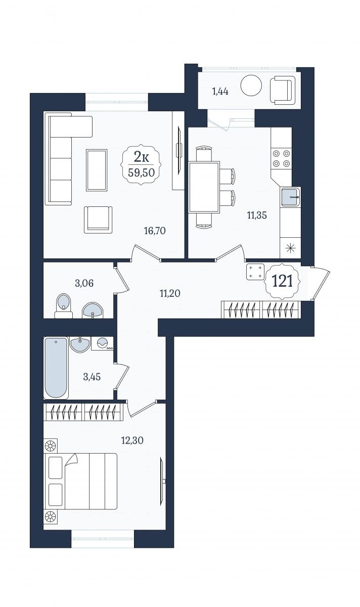 Квартира №121, 2-комнатная, 59.5 м², 1 этаж - планировка, ЖК «Венецианский квартал», дом 5