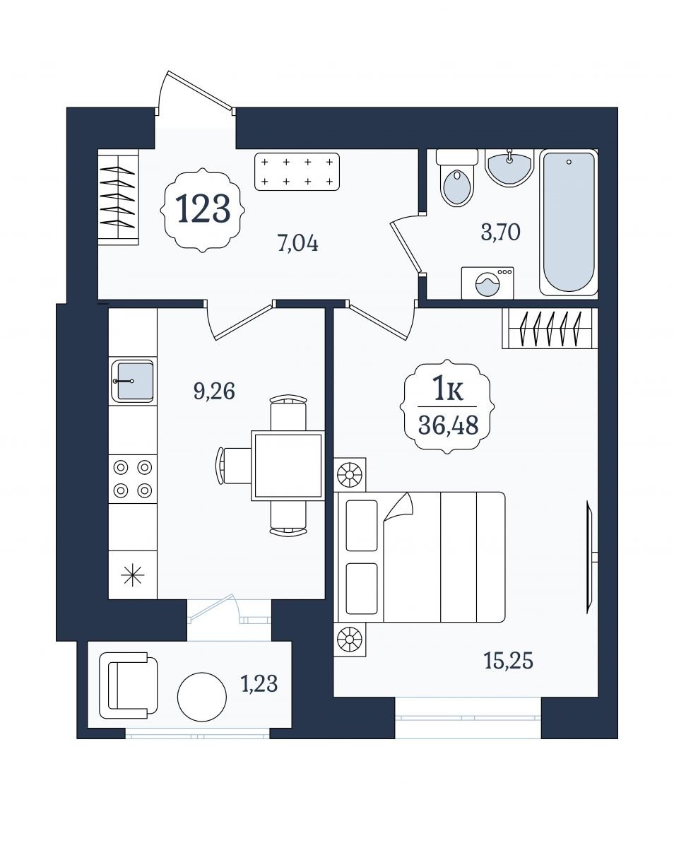 Квартира №123, 1-комнатная, 36.48 м², 2 этаж - планировка, ЖК «Венецианский квартал», дом 5