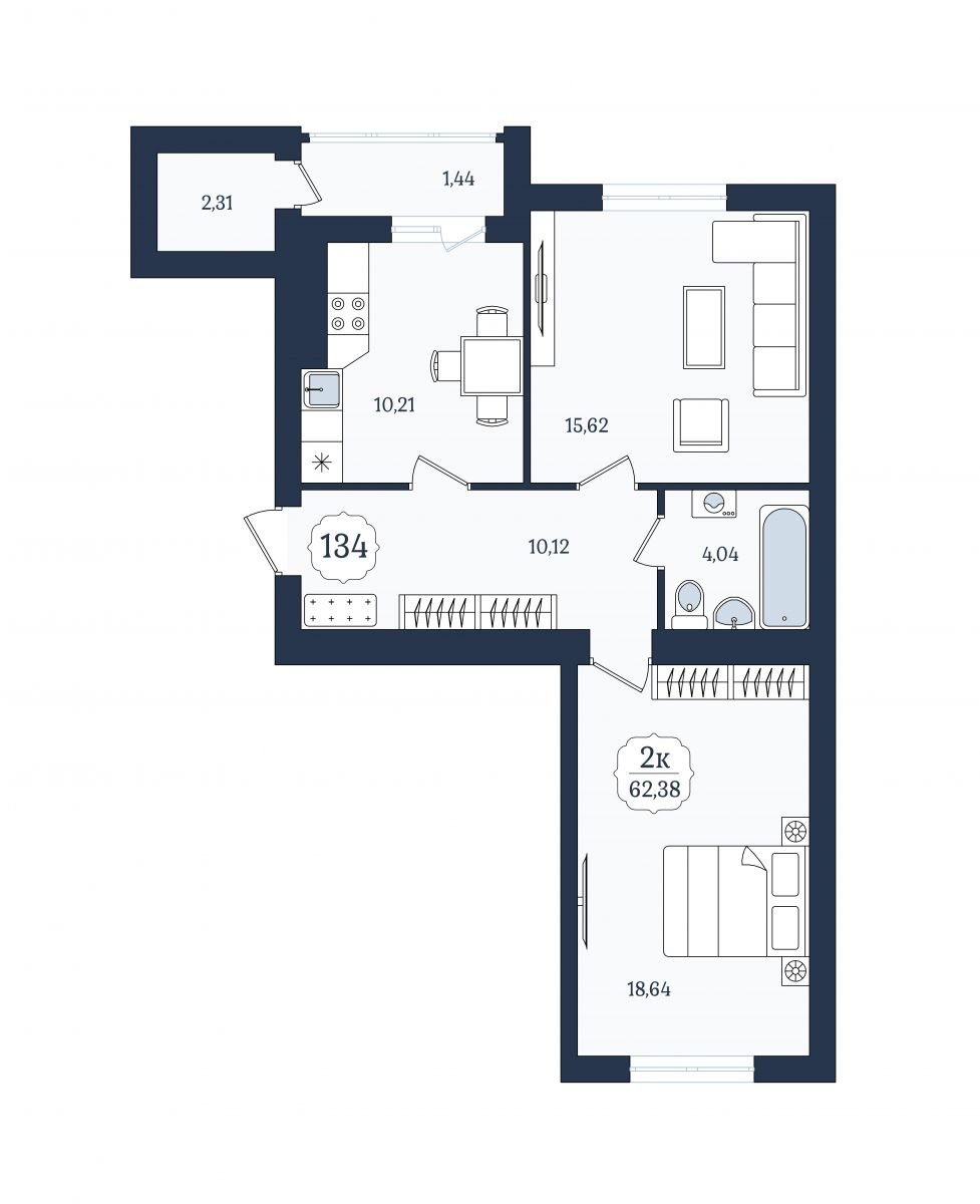 Квартира №134, 2-комнатная, 62.38 м², 5 этаж - планировка, ЖК «Венецианский квартал», дом 5