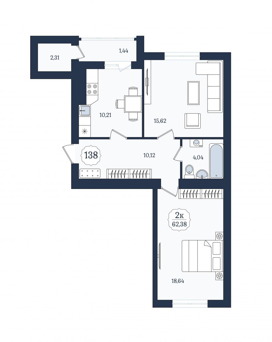 Квартира №138, 2-комнатная, 62.38 м², 6 этаж - планировка, ЖК «Венецианский квартал», дом 5