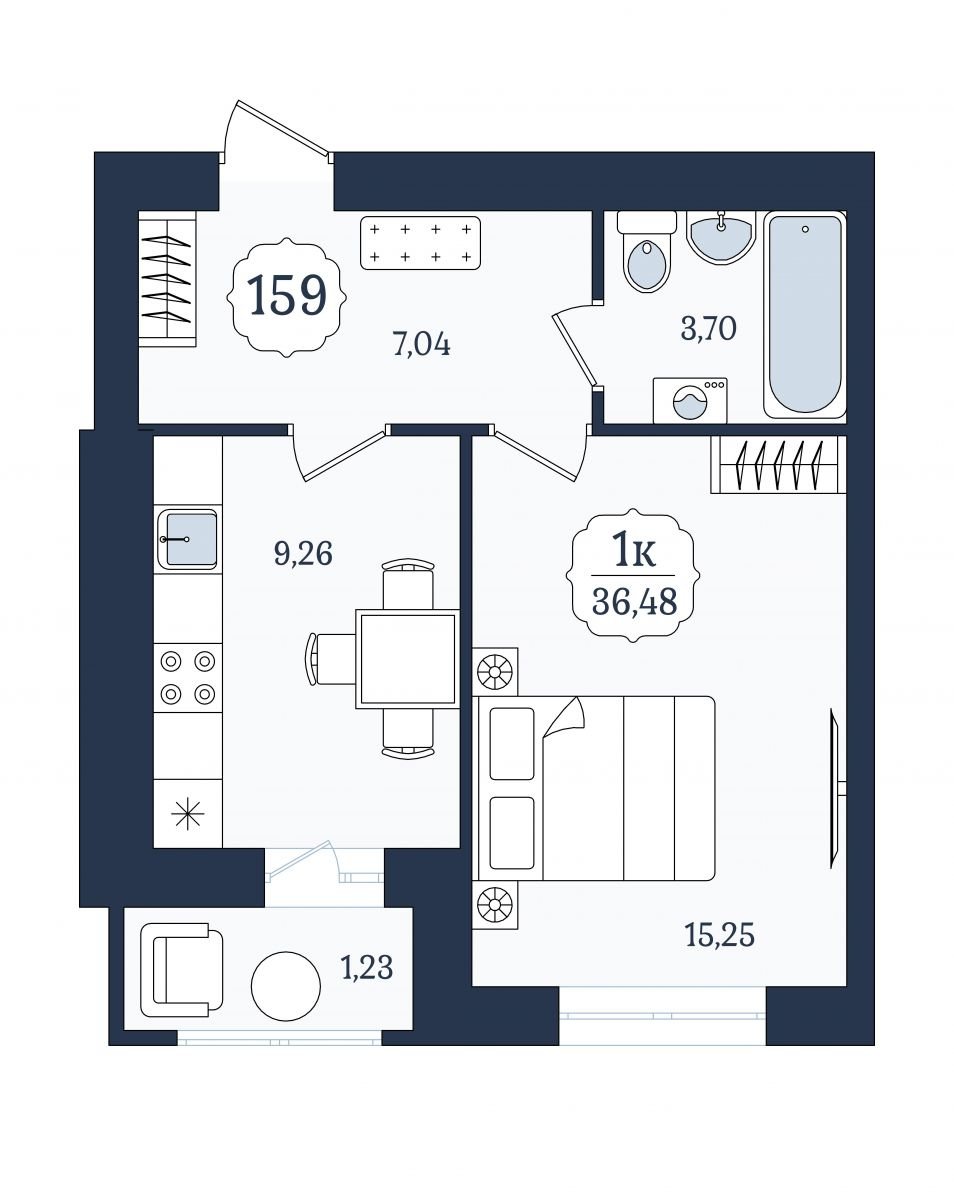 Квартира №159, 1-комнатная, 36.48 м², 2 этаж - планировка, ЖК «Венецианский квартал», дом 5