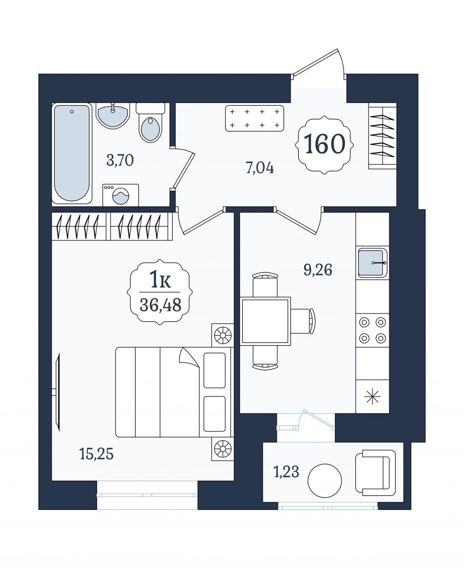 Квартира №160, 1-комнатная, 36.48 м², 2 этаж - планировка, ЖК «Венецианский квартал», дом 5