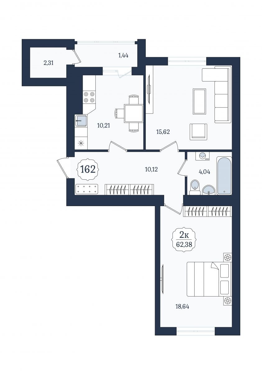 Квартира №162, 2-комнатная, 62.38 м², 3 этаж - планировка, ЖК «Венецианский квартал», дом 5