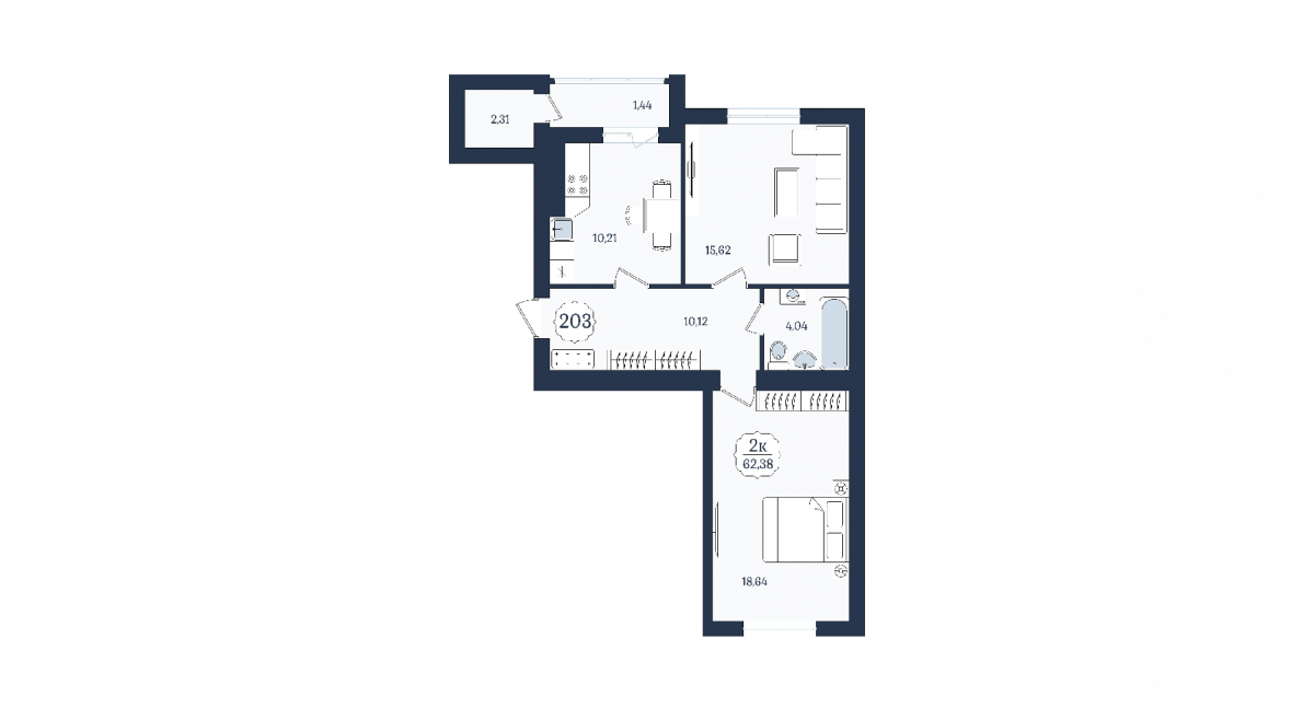 Квартира №202, 2-комнатная, 62.38 м², 4 этаж - планировка, ЖК «Венецианский квартал», дом 5