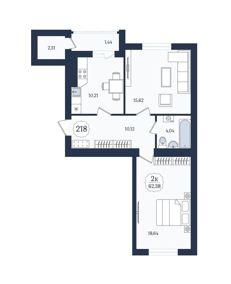 Квартира №218, 2-комнатная, 62.38 м², 8 этаж - планировка, ЖК «Венецианский квартал», дом 5