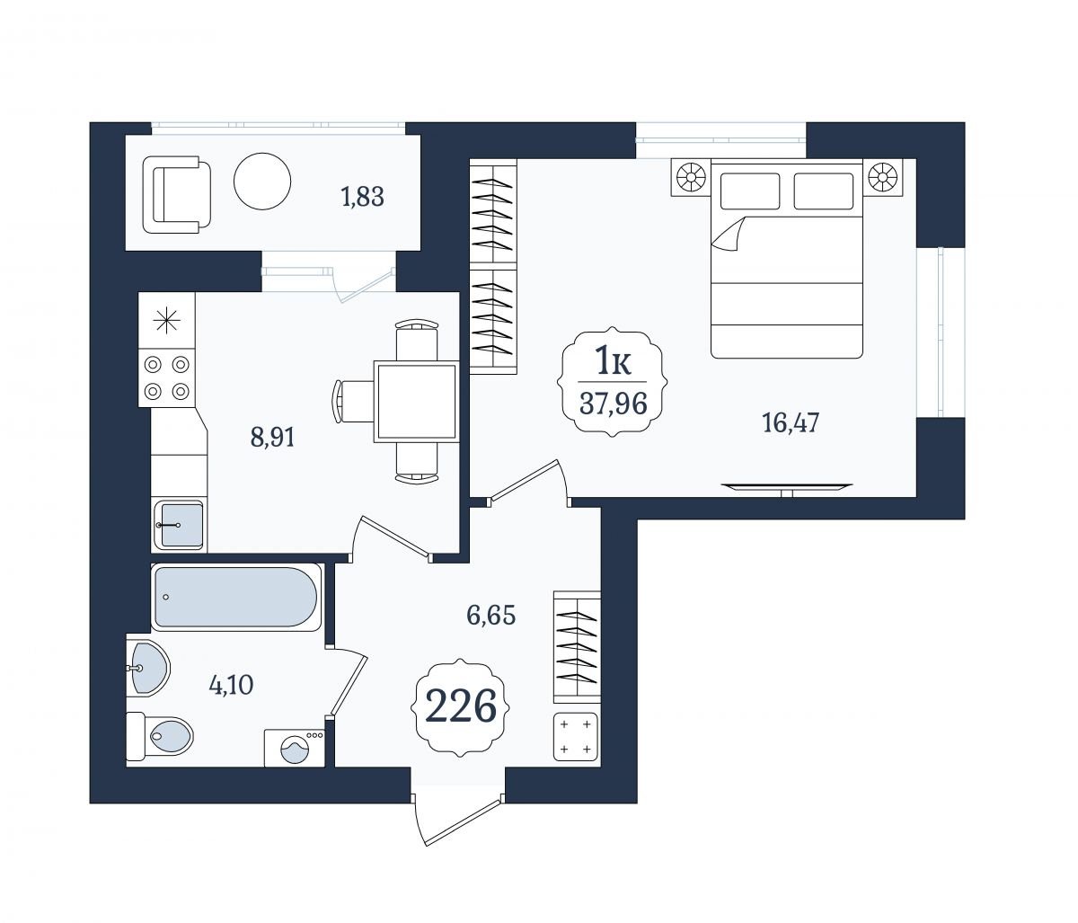 Квартира №226, 1-комнатная, 37.96 м², 1 этаж - планировка, ЖК «Венецианский квартал», дом 5