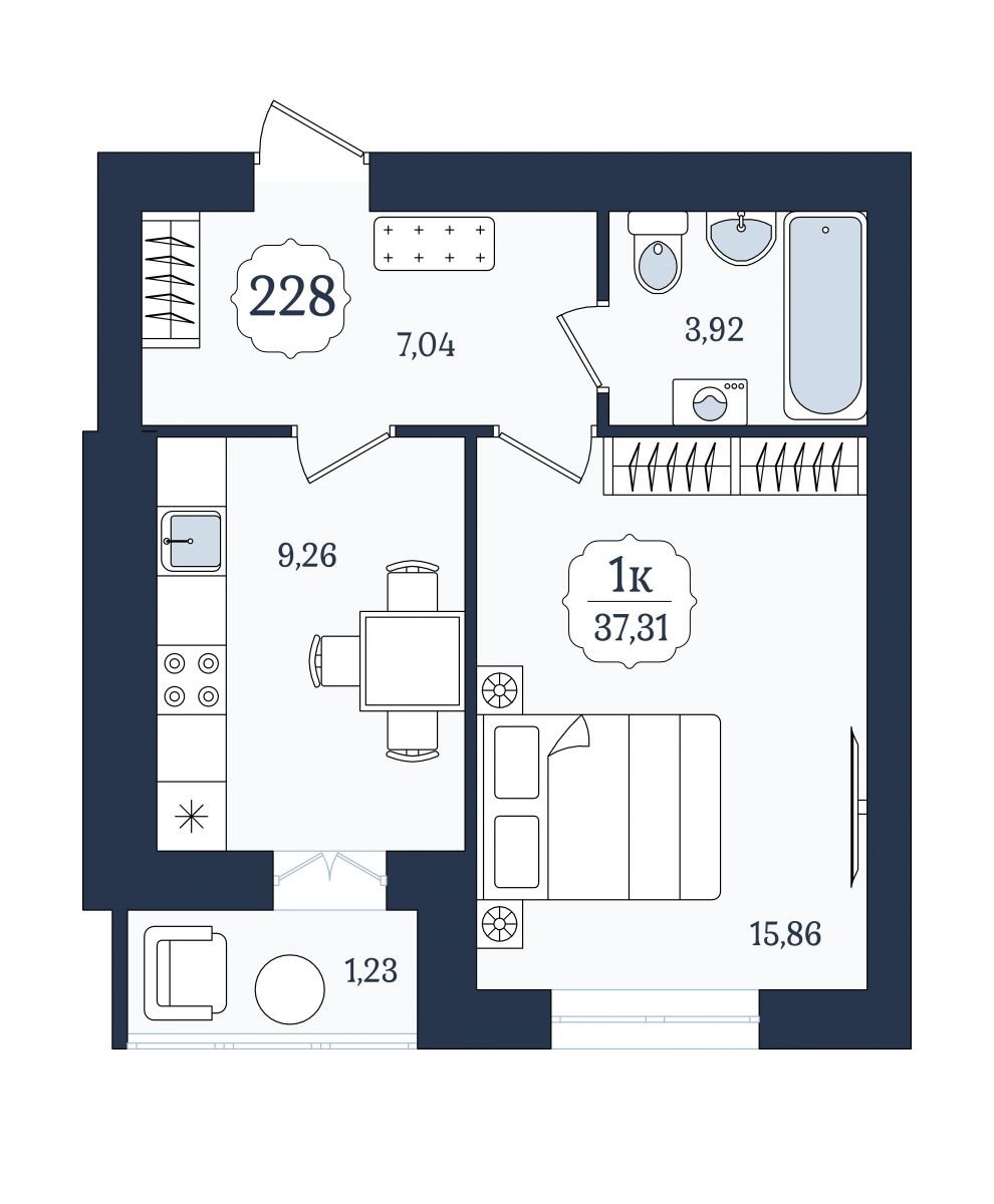 Квартира №228, 1-комнатная, 37.31 м², 1 этаж - планировка, ЖК «Венецианский квартал», дом 5
