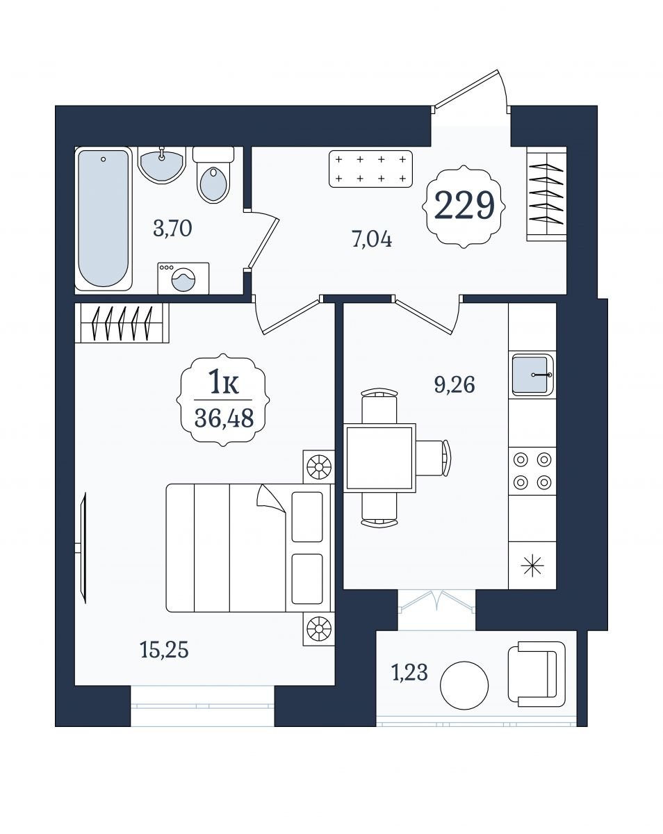 Квартира №229, 1-комнатная, 36.48 м², 1 этаж - планировка, ЖК «Венецианский квартал», дом 5