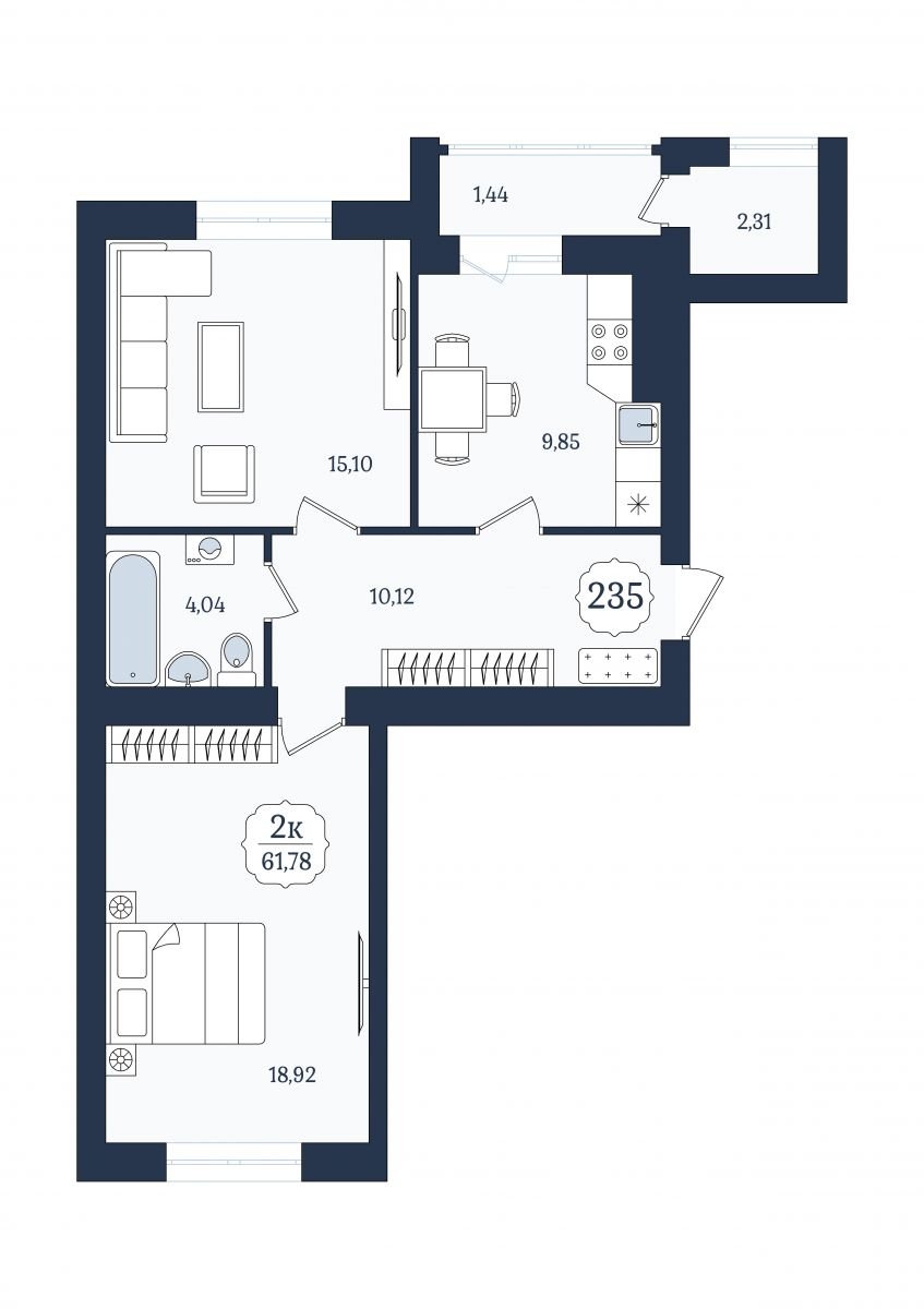 Квартира №235, 2-комнатная, 61.78 м², 2 этаж - планировка, ЖК «Венецианский квартал», дом 5