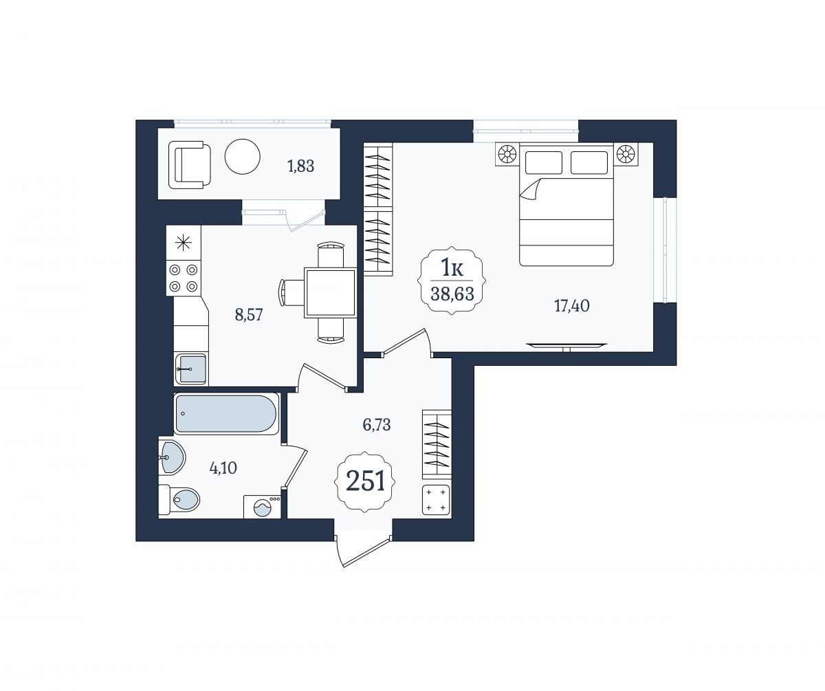Квартира №251, 1-комнатная, 38.63 м², 6 этаж - планировка, ЖК «Венецианский квартал», дом 5