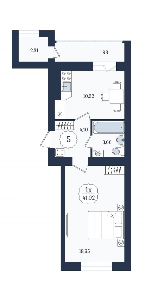 Квартира №5, 1-комнатная, 41.02 м², 2 этаж - планировка, ЖК «Венецианский квартал» Дом 6