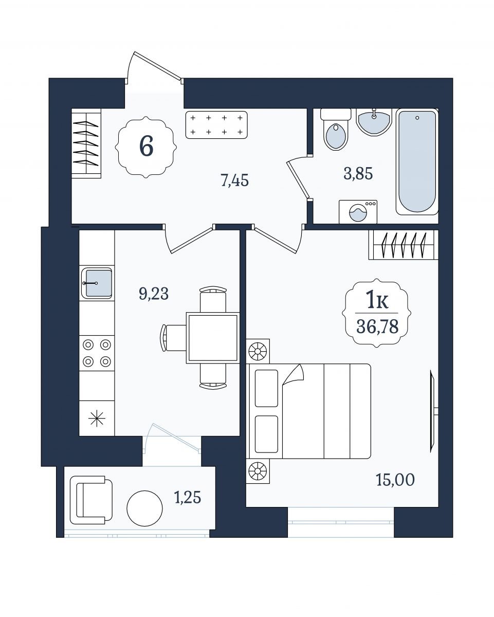 Квартира №6, 1-комнатная, 36.78 м², 2 этаж - планировка, ЖК «Венецианский квартал» Дом 6