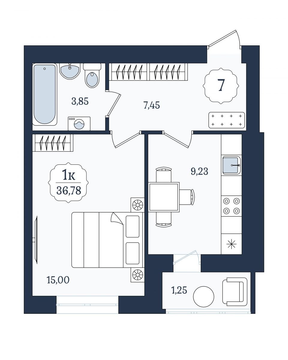 Квартира №7, 1-комнатная, 36.78 м², 2 этаж - планировка, ЖК «Венецианский квартал» Дом 6