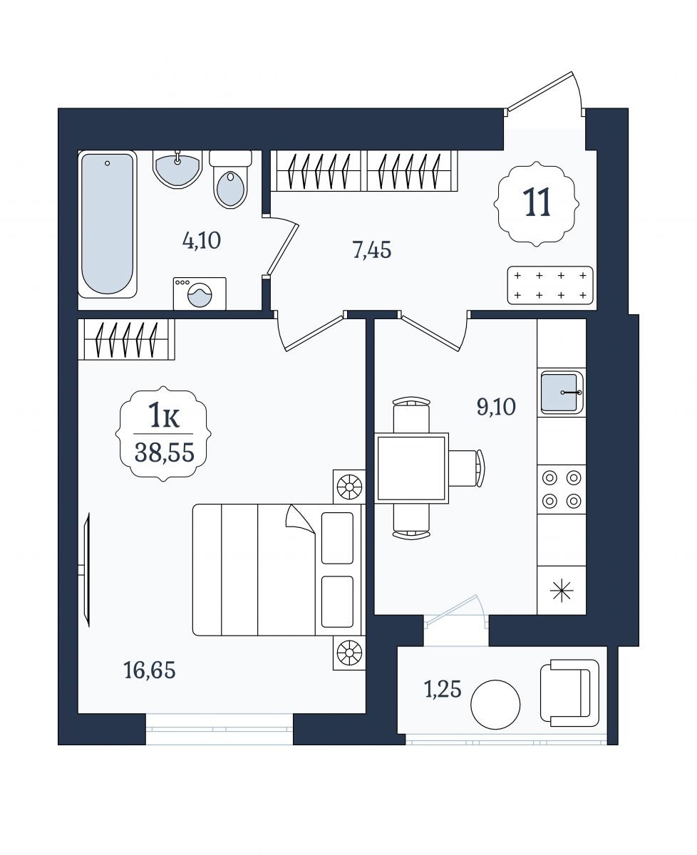 Квартира №11, 1-комнатная, 38.55 м², 3 этаж - планировка, ЖК «Венецианский квартал» Дом 6