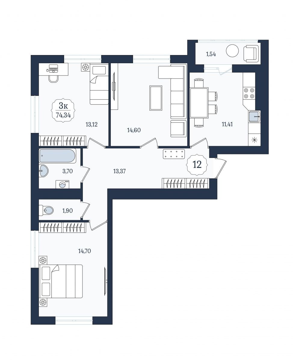 Квартира №12, 3-комнатная, 74.34 м², 3 этаж - планировка, ЖК «Венецианский квартал» Дом 6