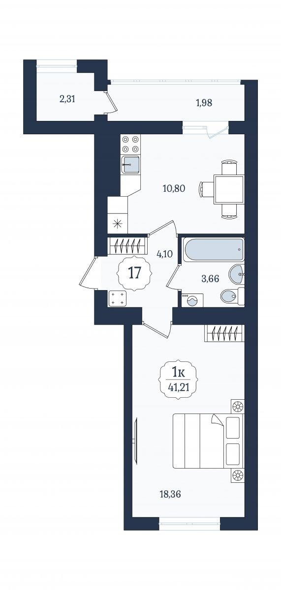 Квартира №17, 1-комнатная, 41.21 м², 5 этаж - планировка, ЖК «Венецианский квартал» Дом 6