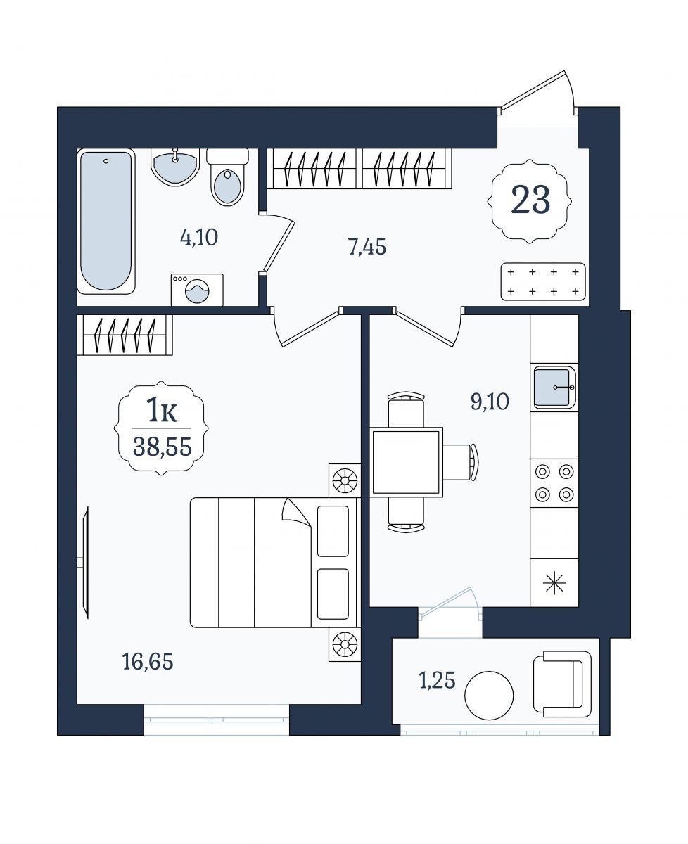 Квартира №23, 1-комнатная, 38.55 м², 6 этаж - планировка, ЖК «Венецианский квартал» Дом 6
