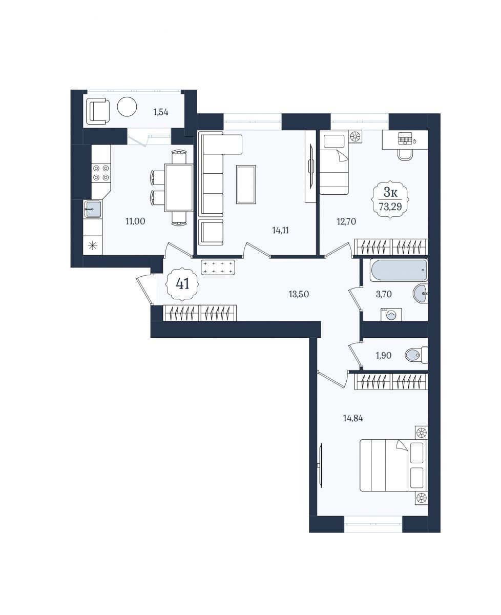 Квартира №41, 3-комнатная, 73.29 м², 2 этаж - планировка, ЖК «Венецианский квартал» Дом 6