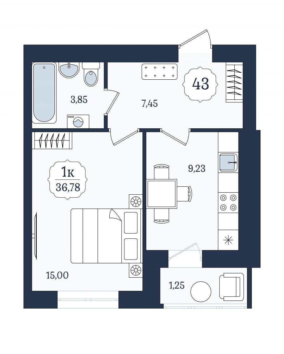 Квартира №43, 1-комнатная, 36.78 м², 2 этаж - планировка, ЖК «Венецианский квартал» Дом 6